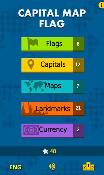 Capital Map Flag - geo quiz МОД/Взлом [Все открыто, Дополнительные деньги и Меню MOD] Screenshot 1