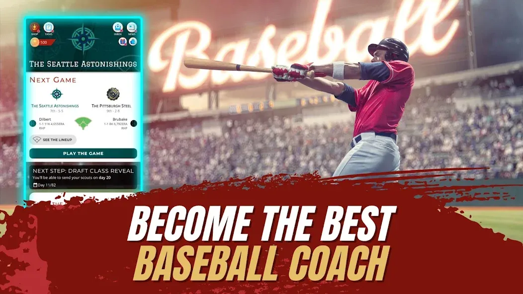 Astonishing Baseball Manager (Астонишинг Бейсбол Менеджер) МОД/Взлом [Меню, Бесконечные монеты и Открытые уровни] Screenshot 1