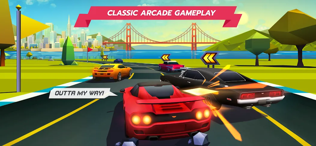 Horizon Chase – Arcade Racing (Хорайзон Чейс) МОД/Взлом [Меню, Бесконечные монеты и Открытые уровни] Screenshot 1