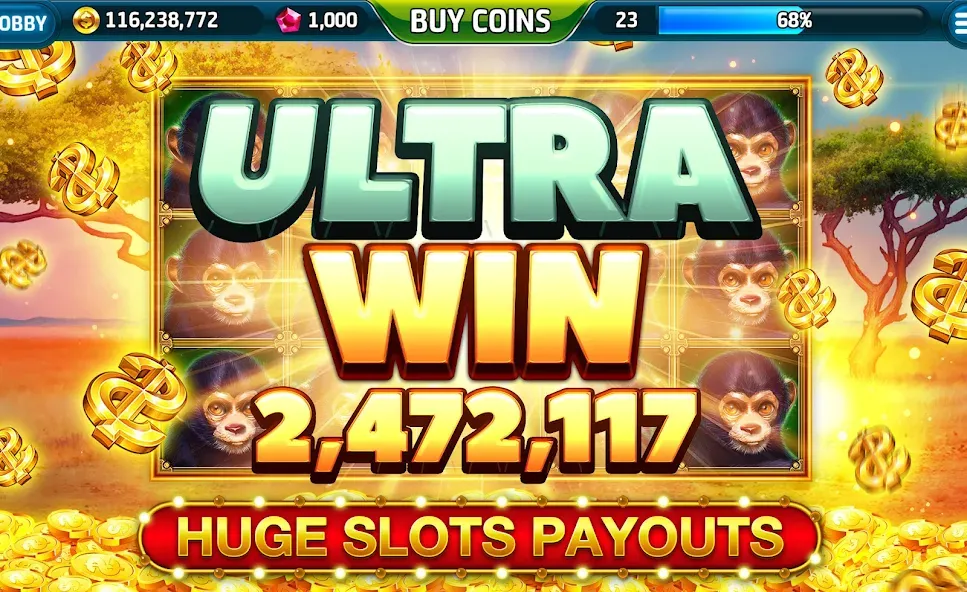 Ape Slots: Vegas Casino Deluxe МОД/Взлом [Все открыто, Дополнительные деньги и Меню MOD] Screenshot 2
