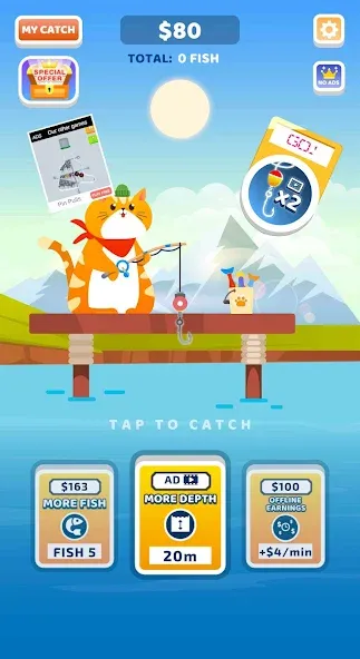 Idle Furry Fishing! МОД/Взлом [Все открыто, Дополнительные деньги и Меню MOD] Screenshot 1