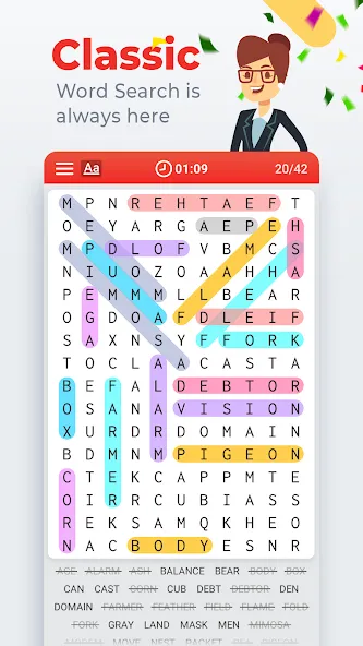 Word Search Colorful МОД/Взлом [Меню, Бесконечные монеты и Открытые уровни] Screenshot 1