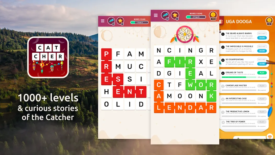 Word Catcher: Word Search МОД/Взлом [Все открыто, Дополнительные деньги и Меню MOD] Screenshot 1