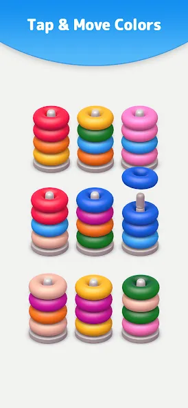 Color Sort 3D — Hoop Stack МОД/Взлом [Все открыто, Дополнительные деньги и Меню MOD] Screenshot 3